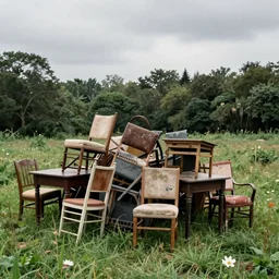 a grassy field filled with piles of old and moldy chairs and tables, overcast sky, forest in background, photorealistic, 4k, photo