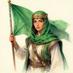 arabian warrior, with green turf and flag, realistic, sketch and art by jacqueline e, color by bo feng lin