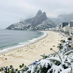 the city of rio de janeiro covered in snow, view from copacabana beach, winter photograph, snowing, 4 k, award winning photograph, beautiful, trending on instagram