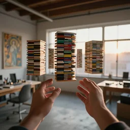 by james turrell : pov candid photo of my hands at my floating futuristic ios hologram space, rows upon stacks of perfectly organized knolled objects during sunrise in a cozy open - air design studio by greg rutkowski and alphonse mucha, scale model floating in midair in front of me, brilliant daylight vr os ux, leica 8 k still from an a 2 4 film