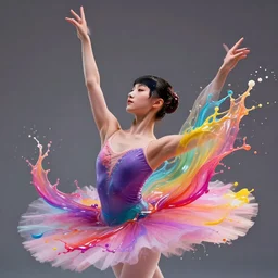 close up of face of fashion model in ballet pose fully splashed in colorful beautiful bright paint, big drips of paint, clothes made of paint splashes, official versace editorial, highly detailed