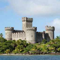 award winning photo of an medieval castle ruin on a tropic island, 4 k, 5 0 mm
