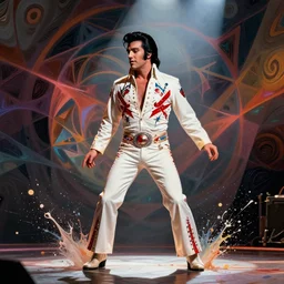 elvis presley performing in a jumpsuit, art by alessandro pautasso, rinabow, abstract geometric shading, fractal, paint splash, full body, beautiful