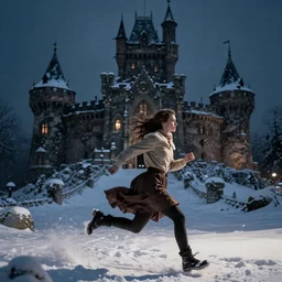 woman running Evil castle in the snow, inspired by Evgeny Lushpin,George, greg rutkowski winter,nighttime,cinematic,art station