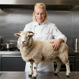 sheep ram as a chef with blonde hair