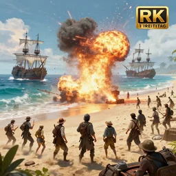 wartime fantasy beach landing, explosions, unreal engine, pirate ships in the sea in the distance, 4k