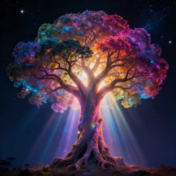 tree of life, stars in the night sky, beautiful, vibrant color scheme, multicolored, visual contrast, light rays, ethereal beams, godly, awe inspiring, cosmic, astronomical, transcendent, fantasy, magical, volumetric lighting, epic composition, dramatic lighting, golden ratio, cinematic composition, 8k, octane render, artstation