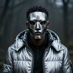 wet plate photo, black man, silver metallic moncler jacket, dystopian metal mask,