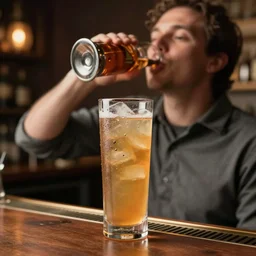 alcoholic man drinking out of a two meter tall glass