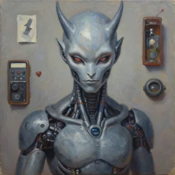 portrait of a cyborg kenku. oil on canvas by lead character artist. inventory laid out