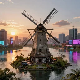 a beautiful hyperdetailed render of building city abandoned windmill nature urbex architecture industrial architecture by kengo kuma, lake thermal vision neon signs hyperrealism dramatic lighting morning sun tokyo synthwave at dawn lightpaint bladerunner 2 0 4 9 alien, archdaily, wallpaper, highly detailed, trending on artstation.