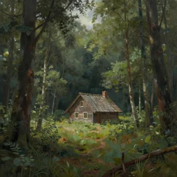 a painting of lone cottage in the woods and empty woods, 8k, fantasy, hyper realistic, atmospheric, cinematic