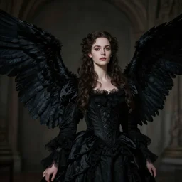 a beautiful dark angel with black wings spread wide and victorian style clothing, beautiful face, cinematic lighting, low key contrast, detailed, hyperrealistic, character concept art by tolkien and greg rutkowski