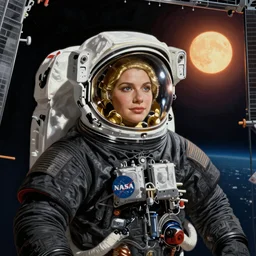 “astronaut on board international space station wearing black space suit and gold helmet, highly detailed, realistic, portrait, photorealistic, proportional, beauty, fish eye lens, nasa, spacex, in the style of Edward hooper oil painting sun rising”