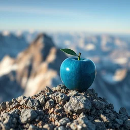 a blue apple is sitting on the peak of mount everest, clear focus, bokeh effect, high res