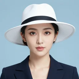 portrait of business women wearing white hat, very detailed, and beautiful, blue soft background
