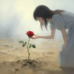 lonely rose growing on dry soil, woman caring for the rose, fantasy world, ethereal back light, mist, coherent composition, detailed fantasy painting by noriyoshi ohrai, yuumei