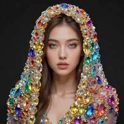 digital matte painting of a beautiful young woman draped in rainbow crystals, by michael hussar, intricate, colorful