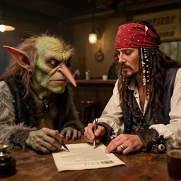 a goblin with a large nose and a pirate with a bandana negotiating a contract with Jared Leto in a Western saloon.