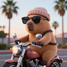 a photorealistic photograph of a knitted cute Capybara wearing stylish sunglasses and dressed in a beanie cap and riding on a motorcycle in Hollywood at dusk. Palm trees in the background. This 4K HD image is Trending on Artstation, featured on Behance, well-rendered, extra crisp, features intricate detail and the style of Unreal Engine.