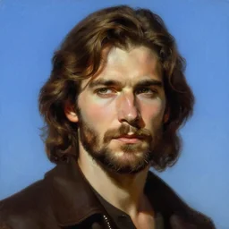 a beautiful cinematic masterpiece painting of handsome man with short beard. long hair wavy brown. by gil elvgren, by frank frazetta, by greg rutkowski, trending on artstation, featured on pixiv, portrait, matte painting, sky blue backgrouns, intricate elegant digital painting, cinematic composition soviet era pose, smooth, sharp focus,