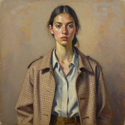 portrait in daring femininity, ethnic, realistic face sculpted features, thin and statuesque model, street outfit with layered shirts, gingham, jacket with buckles, warm glow, bathed in light, chiaroscuro, specular highlights, angular impressionism, patina, natural color scheme, earthy tones, modern fashion, contemporary art, oil on canvas