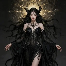 a beautiful depiction of the goddess Lilith, mystical third eye, dressed in flowing black clothing, black fractal filigree, by James Jean, occult, stunning