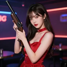 hyper realistic photo of cute woman with red dress and shotgun, very detailed, nightclub