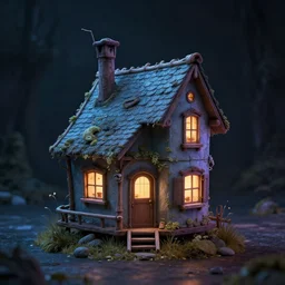 strange tiny house by Tim Burton, (by Tim Burton) dark background, volumetric lighting