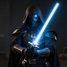 K-2SO wearing a hooded cloak and welding a double bladed lightsaber, extremely detailed, beautiful lighting, dramatic cinematic lighting