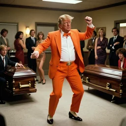 donald altrump as orange suited tony manero in saturday night fever dancing at a funeral home with coffins, cinematic, 1 9 7 0 s style