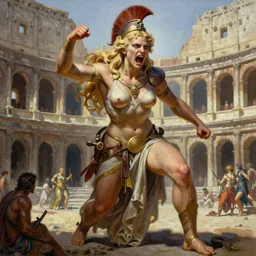 A mixed media painting of a beautiful blonde goddess of RAGE, in a coliseum, very aesthetic, curvy, detailed face and eyes, spartan, by Frank Frazetta, Boris Vallejo, Greg Rutkowski, Christian MacNevin, epic fantasy character art, roman numerals, high fantasy, CGsociety, full length, exquisite detail, post-processing, masterpiece, cinematic, coliseum backdrop
