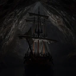 A big galleon ship, three masts, front and center, in a cave. Underexposed, dark, pyramidal composition. Atmospheric matte painting by Darek Zabrocki and Christophe Vacher