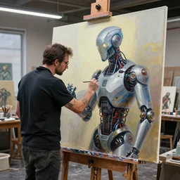 photorealistic illustration of a sci - fi android artist in a modern art studio, making and oil painting on a large canvas, beeple, deviantart, cgsociety, behance