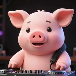 a closeup photorealistic photograph of a stylish Pig themed music DJ wearing round red sunglasses. speakers in the background. This 4K HD image is Trending on Artstation, featured on Behance, well-rendered, extra crisp, features intricate detail and the style hayao miyazaki