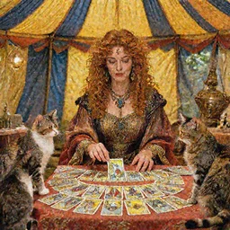 Caucasian fortune teller lady with curly hair, a spread of tarot cards on a table, cats on her side, in a colorful tent, Alphonse Mucha, art nouveau style, full poster ,