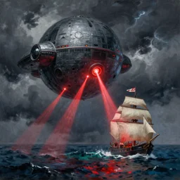 A beautiful matte painting of huge spherical alien spaceship attacking with powerful red lasers a Sailship in ocean in thunderstorm by Ivan aivazovsky