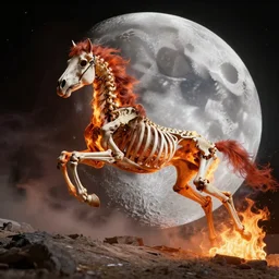 skeleton of a horse on fire running on the moon, 4 k, photorealistic, hd