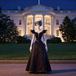 nighttime shot of secret agent mewtwo in masquerade dress standing in front of white house looking at camera high resolution pixar