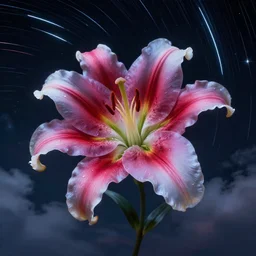 detailed fantastic flower lily by artstation lucas parolin, dark night, neon lights, reflections ray, tracingstar trails, dramatic light, fluffy clouds, digital painting, igh detailed, 8 k render, perfect shape, hyperrealistic