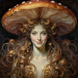 perfectly centered portrait, beautiful fractal mushroom goddess, female, flowing hair, intense stare, sweet smile, symmetrical, concept art, intricate detail, volumetric shadows and lighting, realistic oil painting by gustave dore,