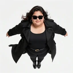 thick chubby filipina superhero, long black trench coat, amihan, sunglasses, sly grin, fully clothed, exaggerated perspective, flying toward camera, beautiful detailed face, bright blue hair, action pose, comic book style, highly detailed, dynamic shadows, dynamic lighting, geoff johns, jason fabok, jason fabok, brad anderson, splash art