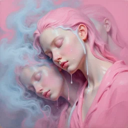3 d, close - up, liquid white oil, sleepy fashion model, light blue fog, smoke, poster art, high detail, intricate oil painting, multiple exposure, deep pink color palette, hyperrealism, 3 d, by tooth wu and wlop and beeple and greg rutkowski