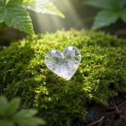 macro photo of moss, a crystal heart is laying on the moss, light rays are coming through the leaves above, god rays, beautiful award winning macro photography, trending on artstation, serene secluded garden, isometric angle, 7 5 mm, f 3. 4