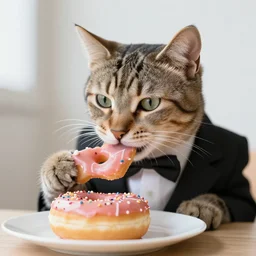 Cat in a suit eating a donut