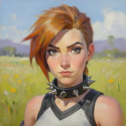 oil painting of tracer overwatch in a field wearing spiked collar around neck, in style of steve henderson, wearing black choker, expressive face, detailed face, detailed eyes, full body, feminine face, tracer overwatch,