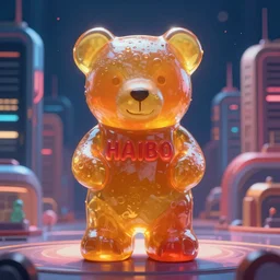 portrait of haribo bear in future city, color and shape focus, cnetral