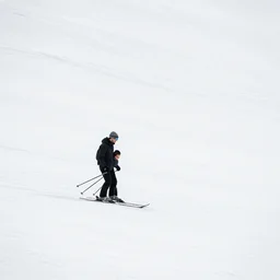 a father and son snow skiing, minimalism