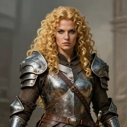 frontal portrait of a heavily armored barbarian woman with golden curly hair| d&d | larry elmore |
