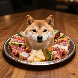 a charcuterie board with doge dog face, pieces of doge in the silver plate, wooden table, exquisite restaurant, five stars michellin, professional food shot, gourmet dish, with veggies. low light, bokeh, masterpiece.